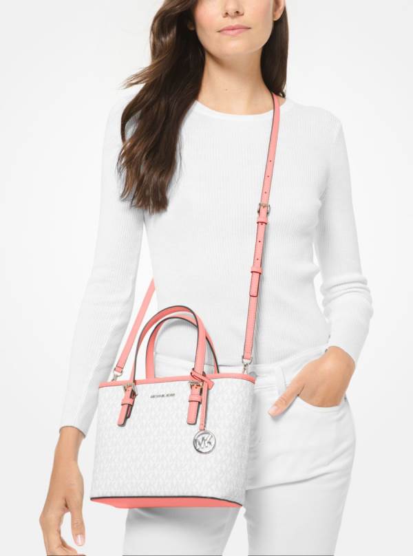 Damske Prenosná Taška Michael Kors Jet Set Travel Extra-Small Logo Top-Zip Biele Ruzove - Kabelky Michael Kors Nejlevnejsi | DJVZL-0879